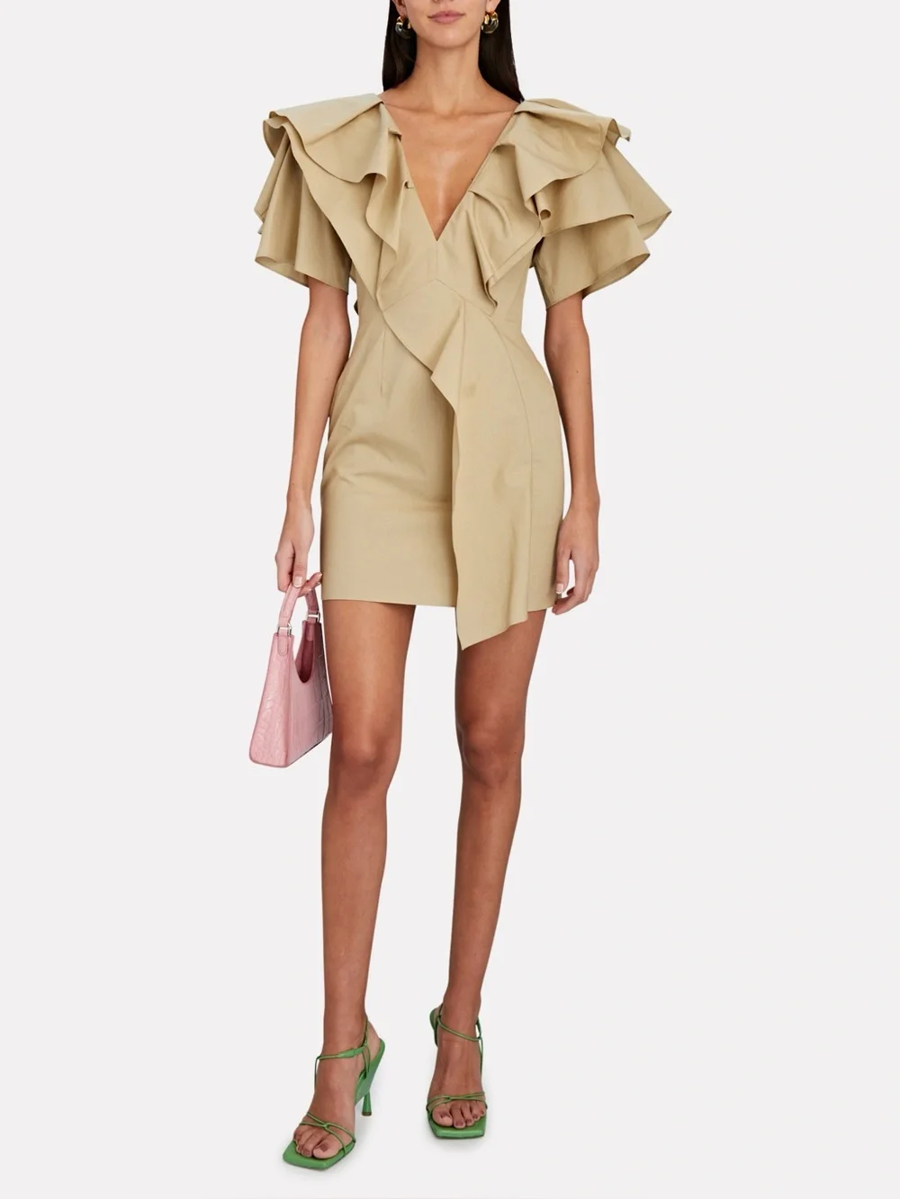 Lidaan Lina Ruffle Poplin Mini Dress In Beige with pockets , mini - Picture 3 of 11